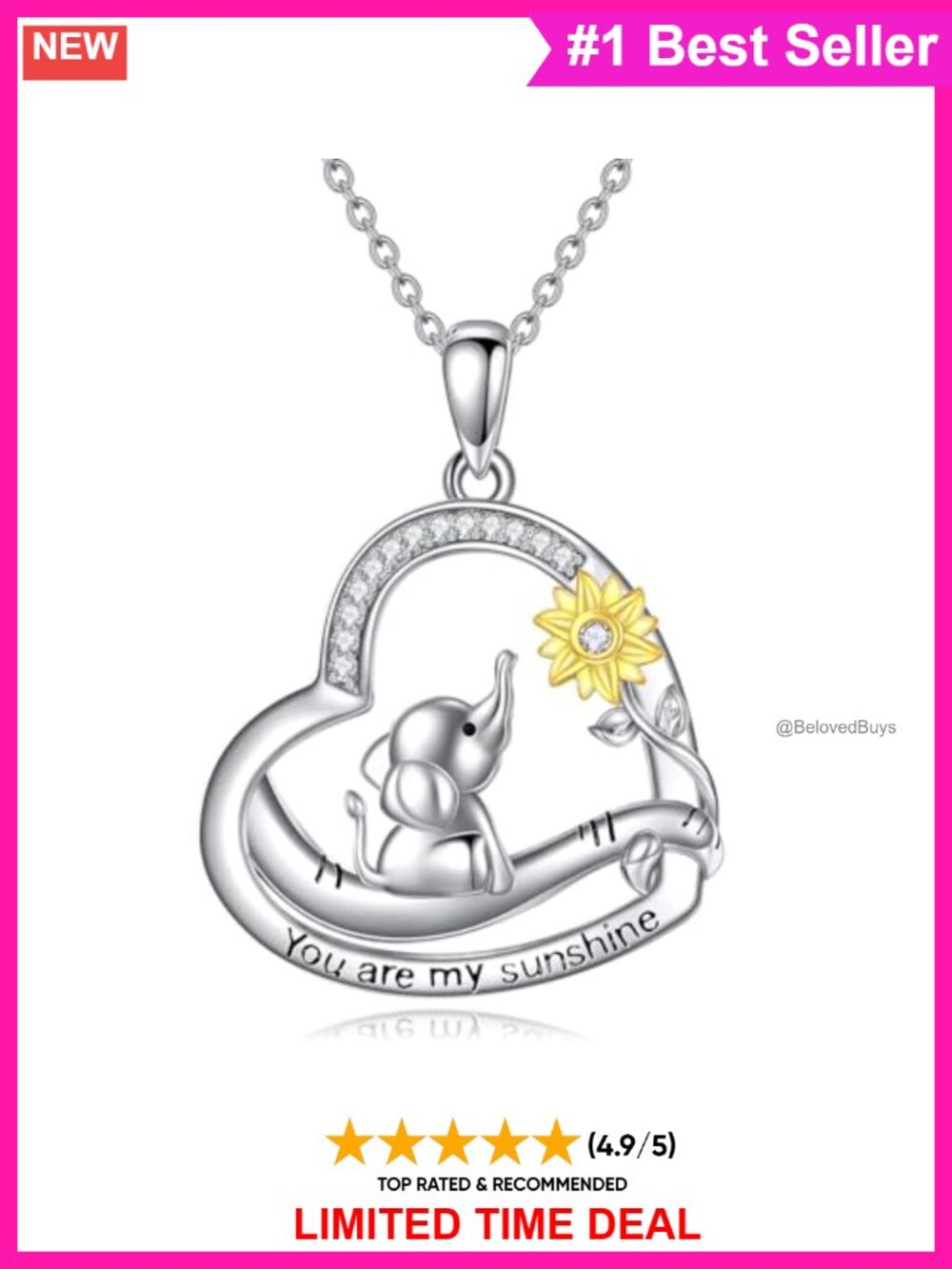 925 Sterling Silver Elephant Sunflower Pendant Necklace CZ Adjustable